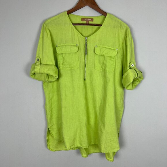 Ellen Tracy Top Womens Large Green 100% Linen 3/4 Roll Tab Short Sleeve Shirt L - Picture 3 of 11